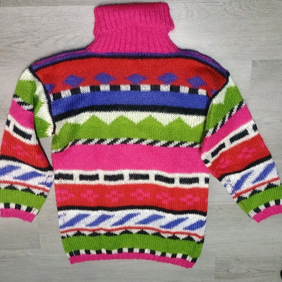 Vintage Mohair Turtle Neck Sweater Geometric Colorful 80s Sweater Tunic Large - Picture 7 of 7
